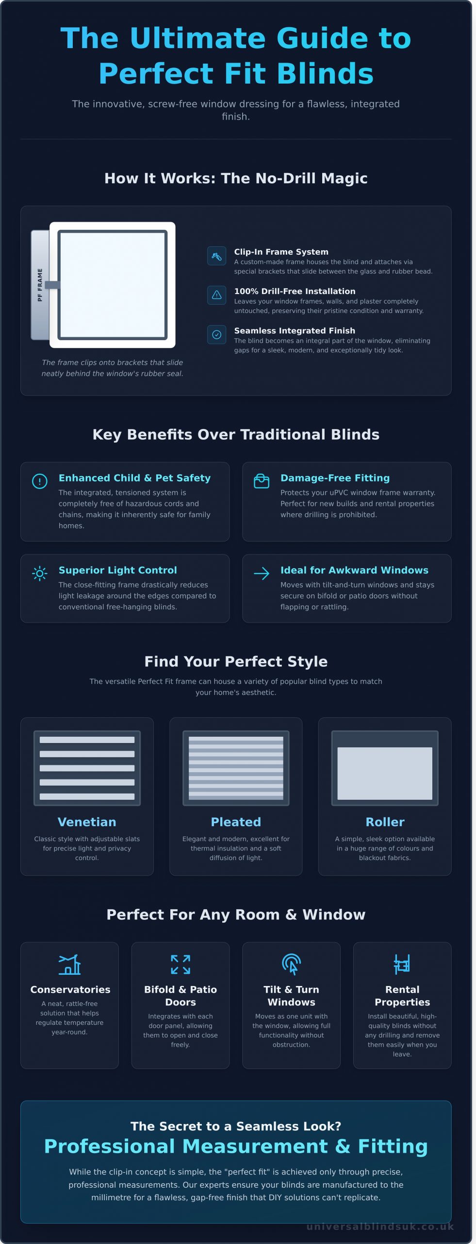 Perfect Fit Blinds: The Ultimate Guide to a Flawless, No-Drill Finish - Infographic