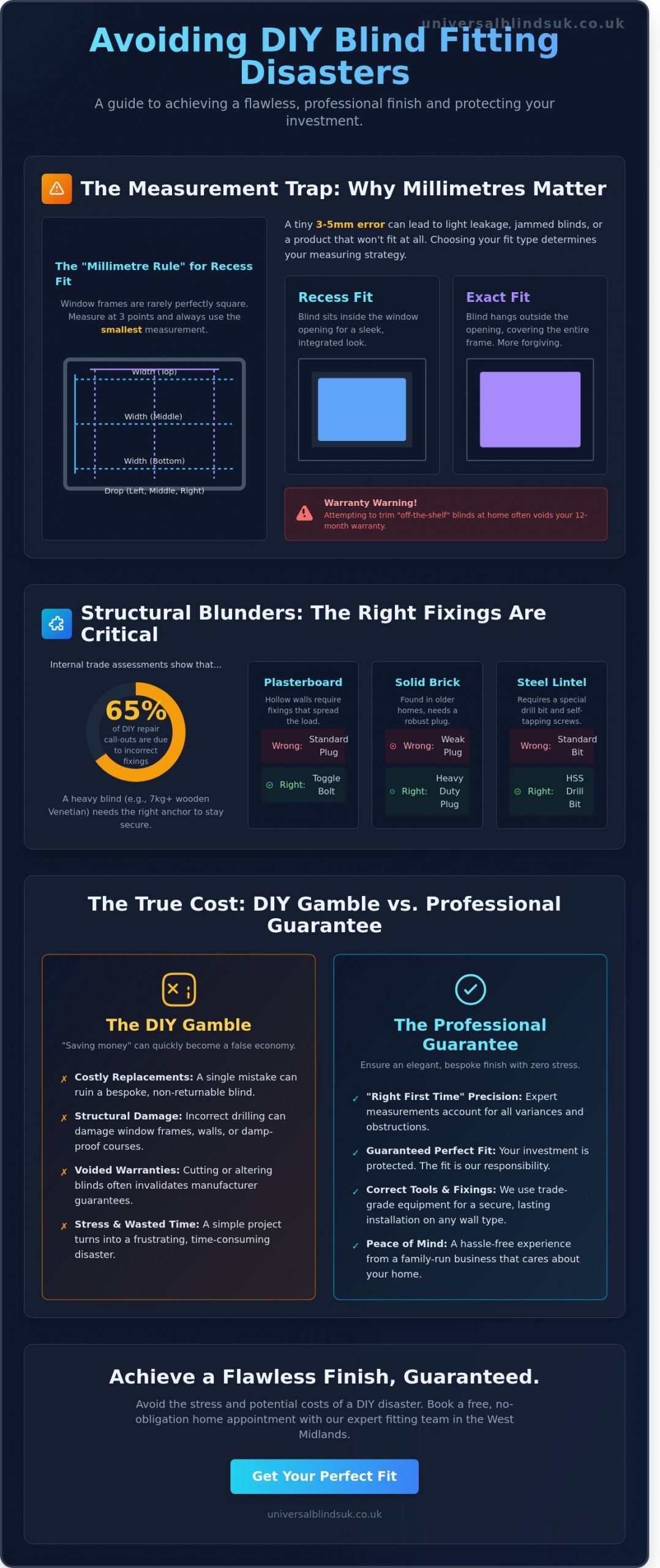 Avoiding DIY Blind Fitting Mistakes: The Expert Guide to a Flawless Finish - Infographic