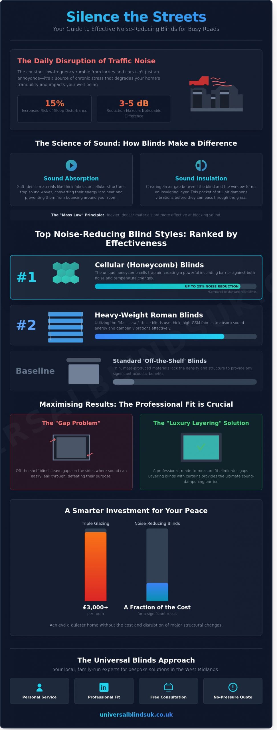 Noise Reducing Blinds for Busy Roads: A Homeowner’s Guide to Peace and Quiet - Infographic