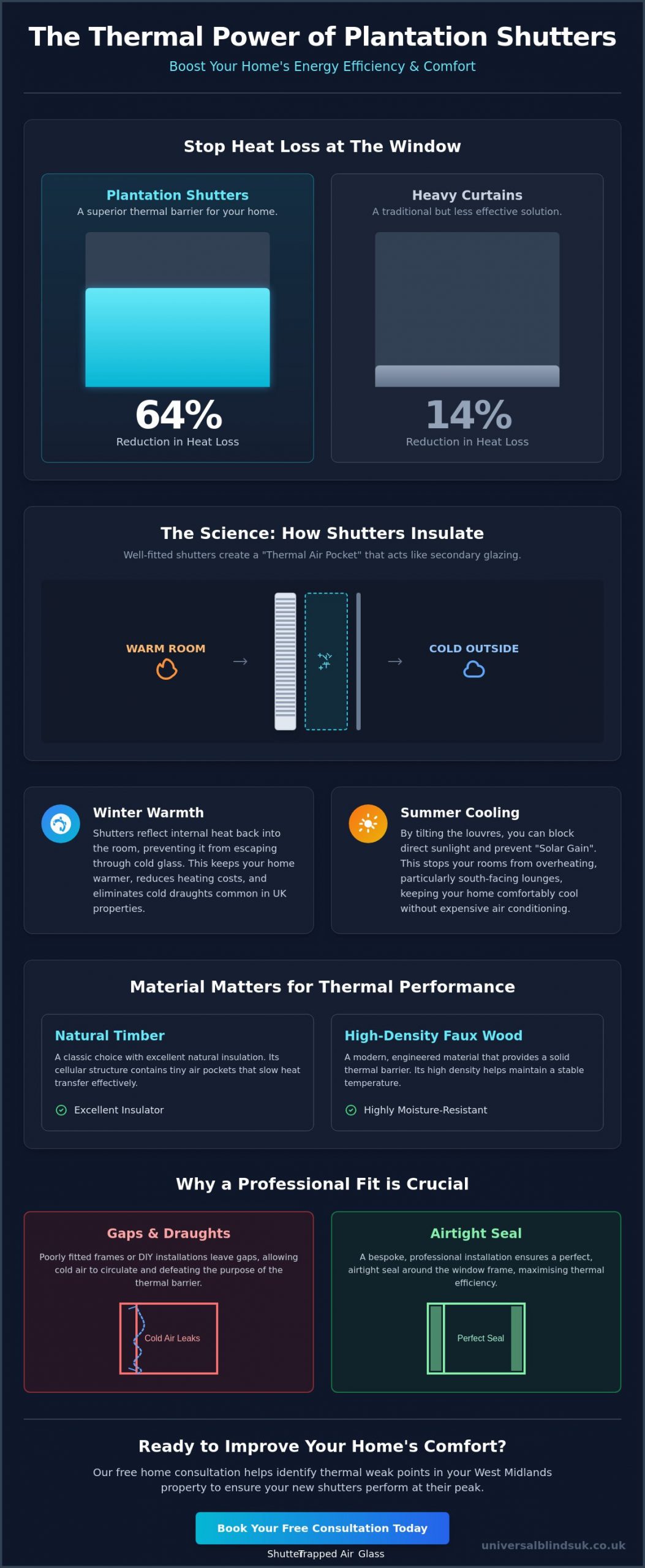 Thermal Properties of Plantation Shutters: A UK Homeowner’s Guide to Energy Efficiency - Infographic