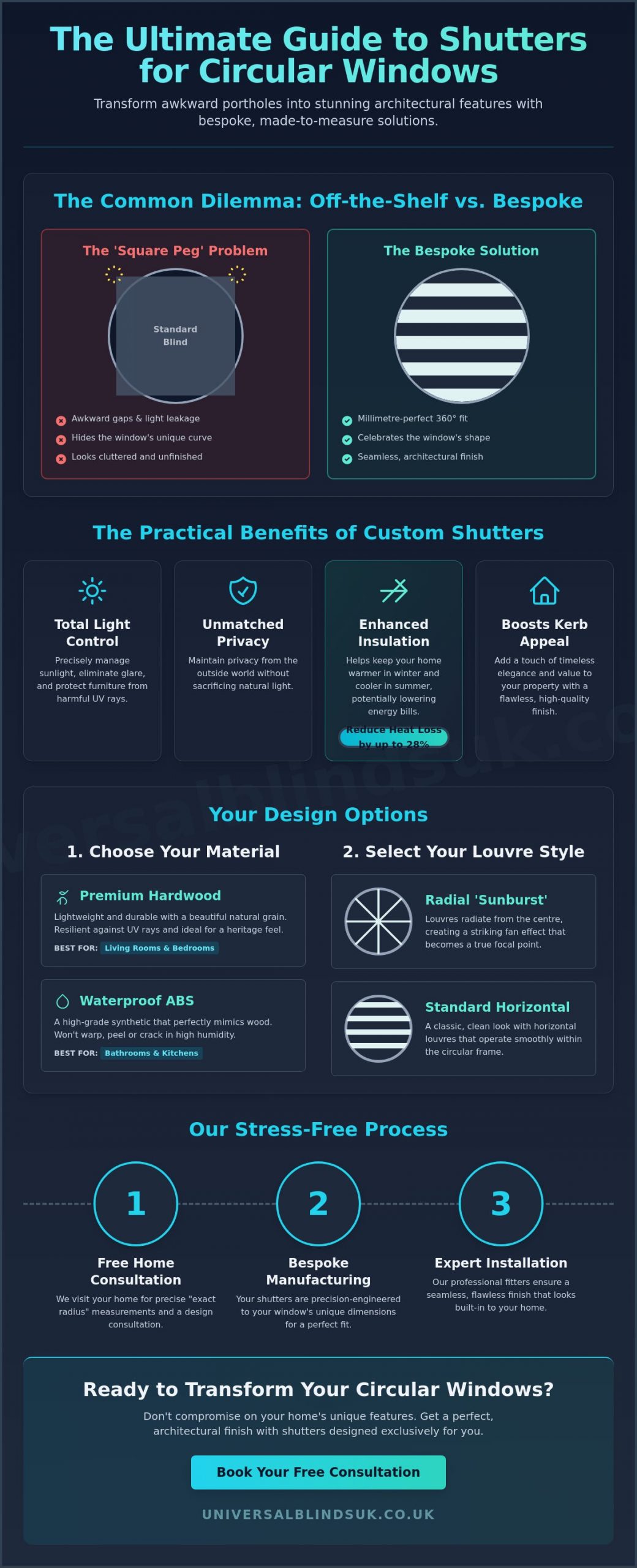 Custom Shutters for Circular Windows: The Ultimate Guide to Porthole Elegance - Infographic